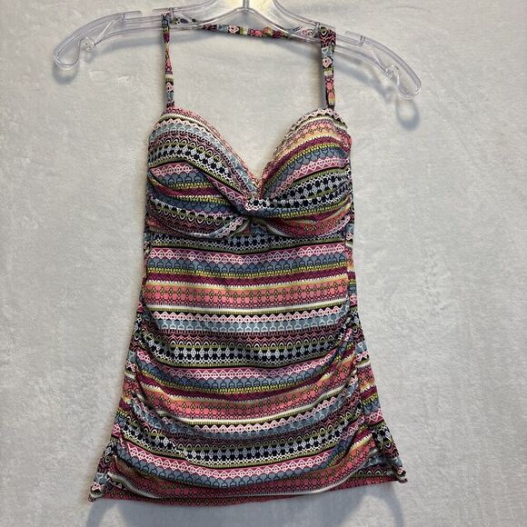 Anne Cole Twist Front Geometric Stripe Swim Bandeau Tankini Top Small Beach Pool - Picture 1 of 9